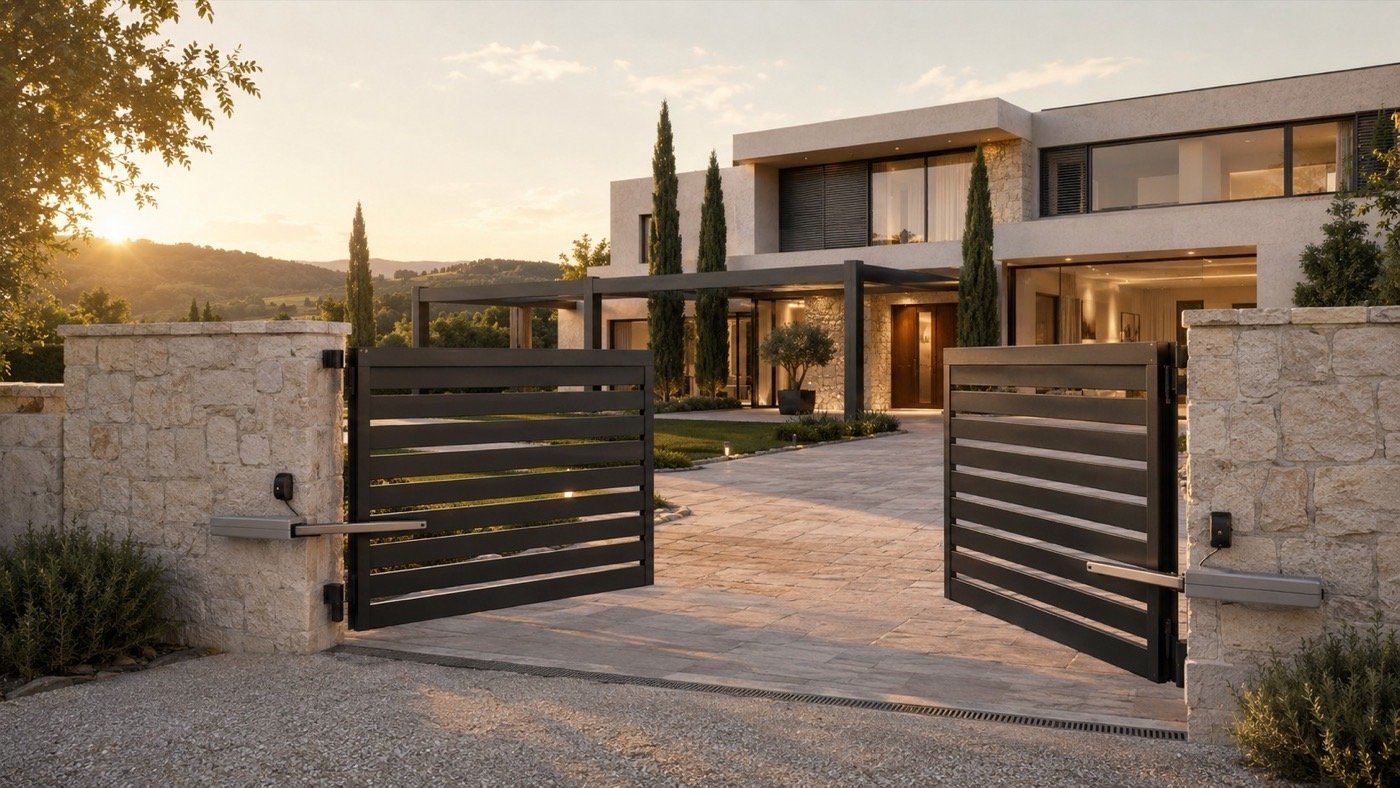 Automated swing gate at a villa entrance